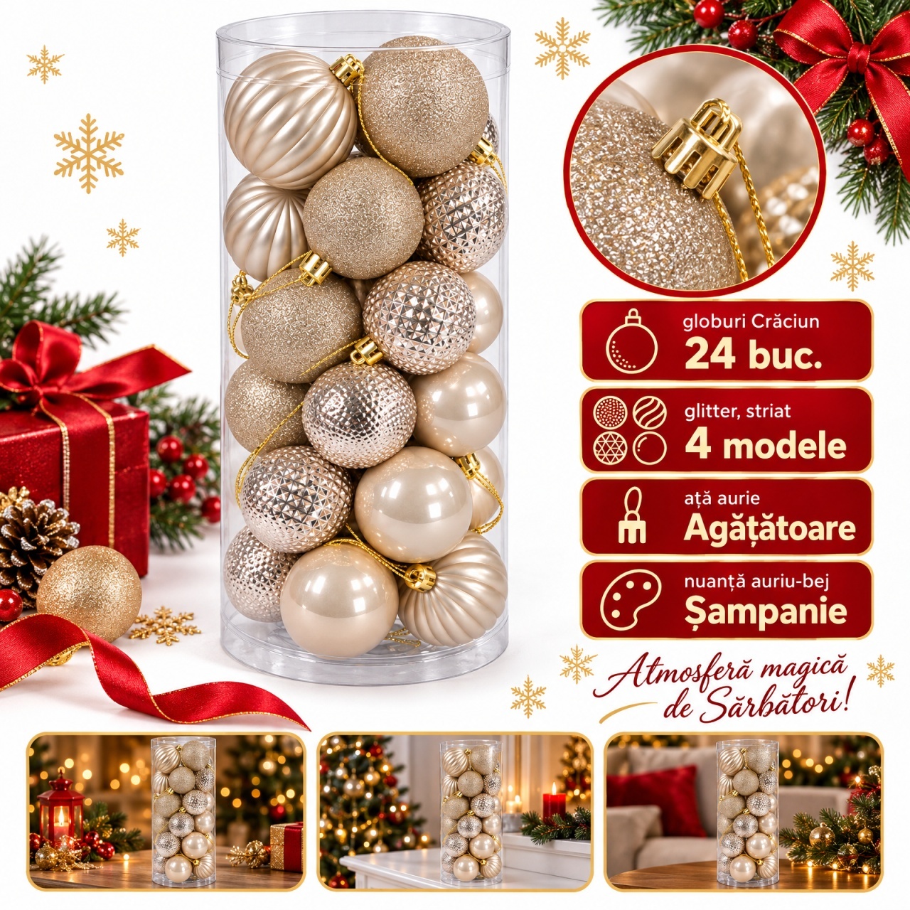 Set de 24 globuri pentru brad, Champagne, din plastic, modele diverse in set