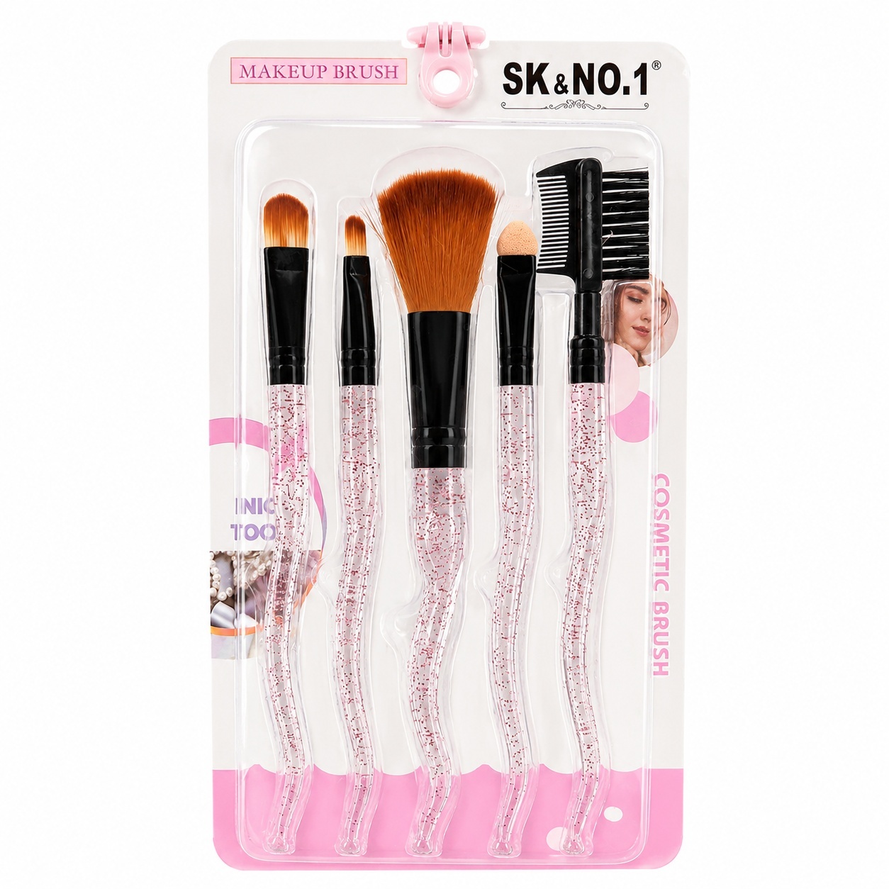 Set de 5 Pensule Profesionale pentru Machiaj – Mânere cu Sclipici Roz și Fibre Ultra-Moi