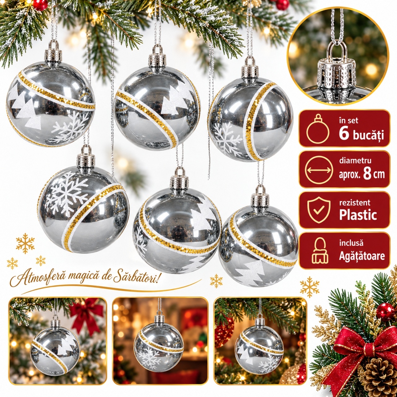 Set de 6 globuri de Crăciun argintii, din plastic, model cu brăduți și fulgi cu sclipici, 7cm