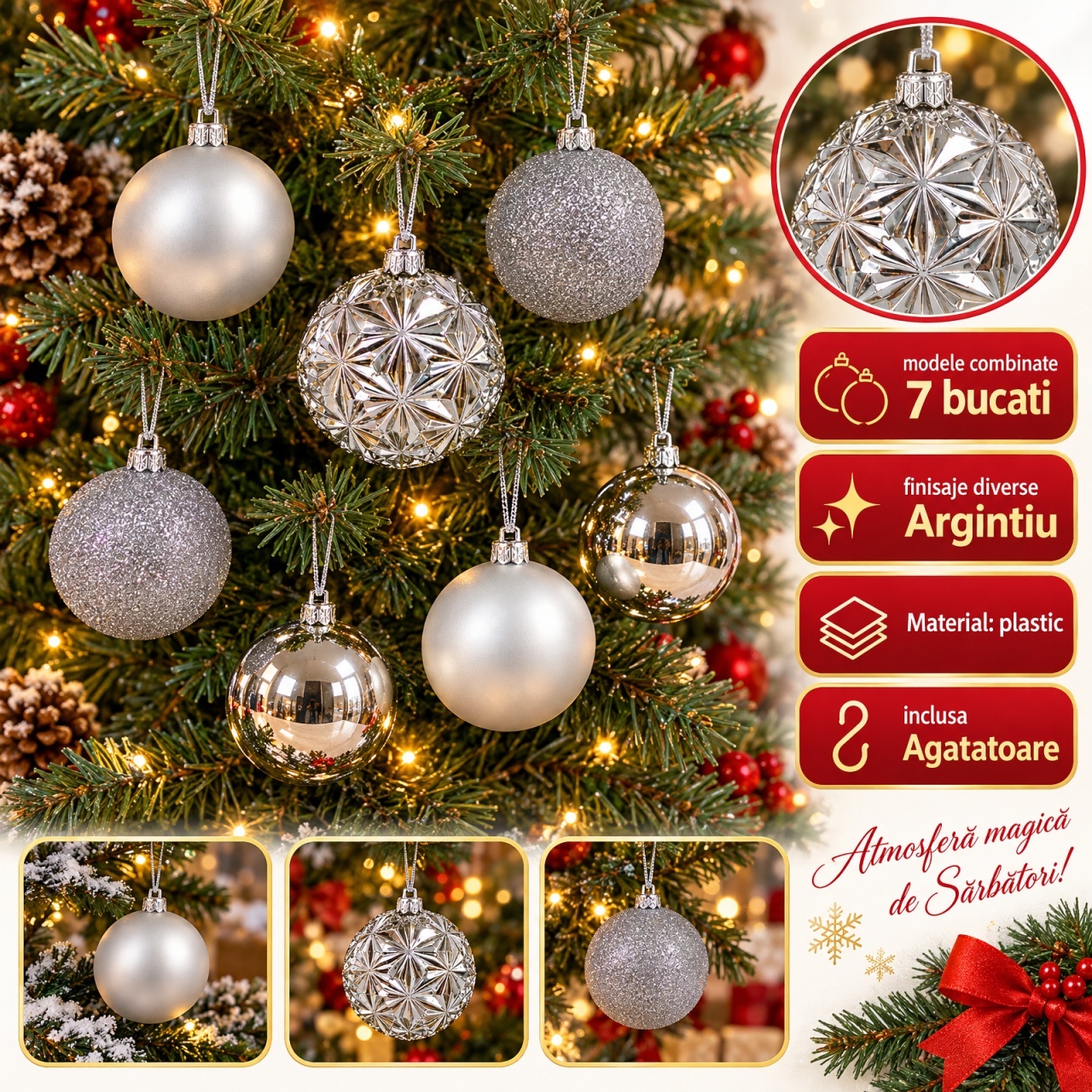 Set de 7 globuri de Crăciun argintii, modele asortate in set, din plastic, 7 cm