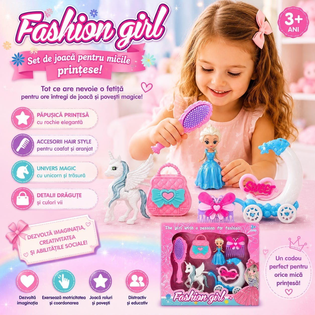Set de Joacă Fashion Girl pentru Fetițe 3+ – Păpușă Prințesă, Unicorn și Accesorii Beauty 2