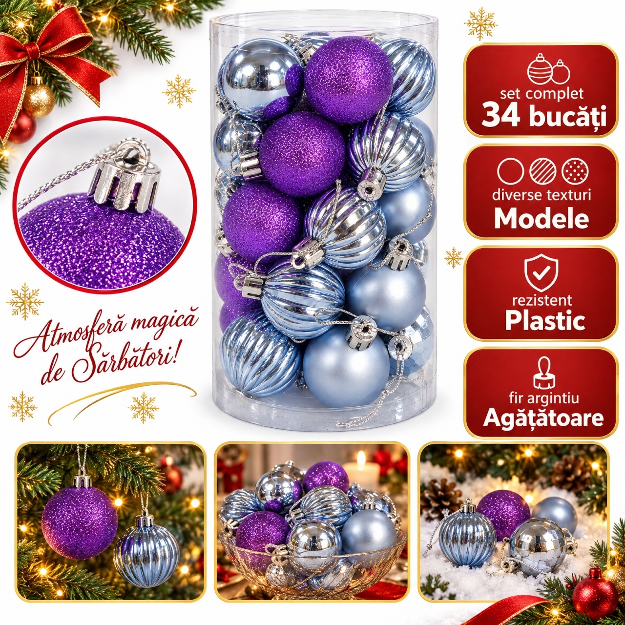 Set globuri de Crăciun 34 bucăți, albastru și mov, modele diverse, plastic, 26 × 16 cm