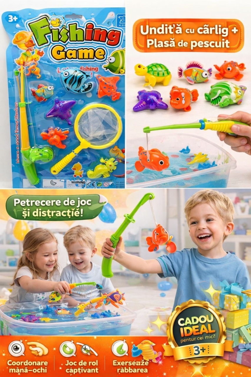 Set joc pescuit pentru copii cu undita, plasa si figurine marine, multicolor, 50x30 cm 3