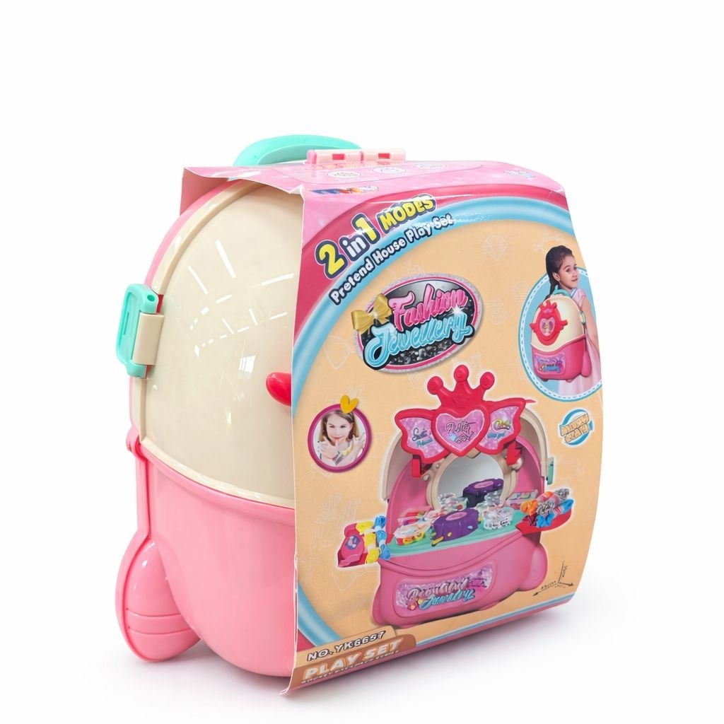 Set jucarie fete, masuta bijuterii si accesorii, tip ghiozdan, 35cm