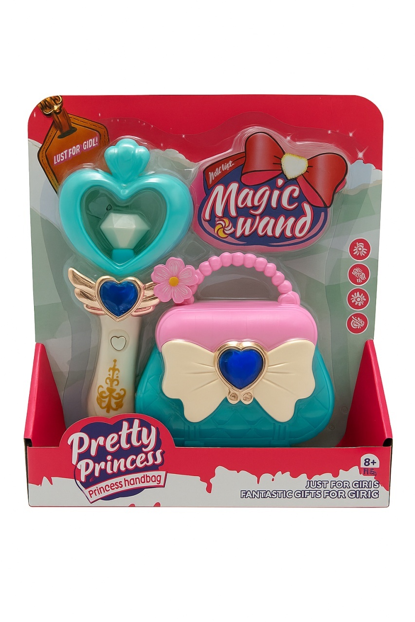 Set Pretty Princess cu bagheta magica inima si gentuta turcoaz-roz, jucarie pentru fetite 3+ ani, 25x21.5cm