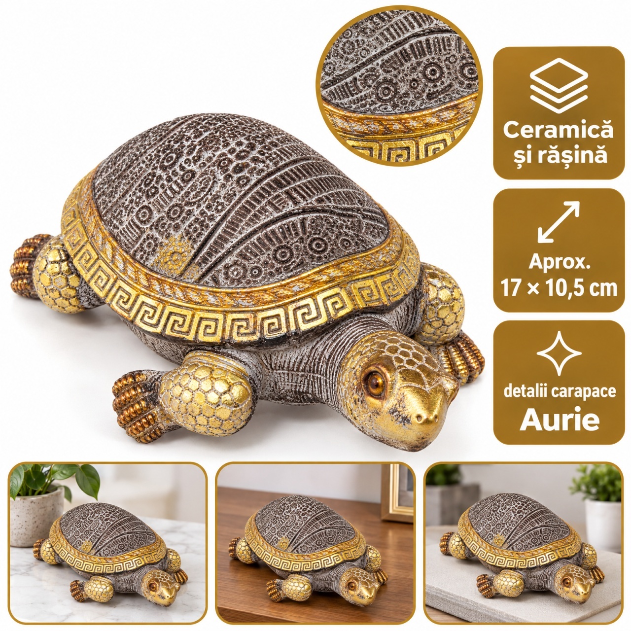 Statuetă broască țestoasă decorativă, din ceramică și rășină, 15x9,5 cm