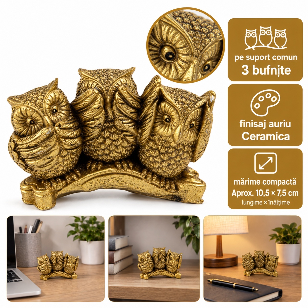 Statueta decorativa 3 bufnite aurii, nu vad nu aud nu vorbesc, ceramica, 8,5 cm