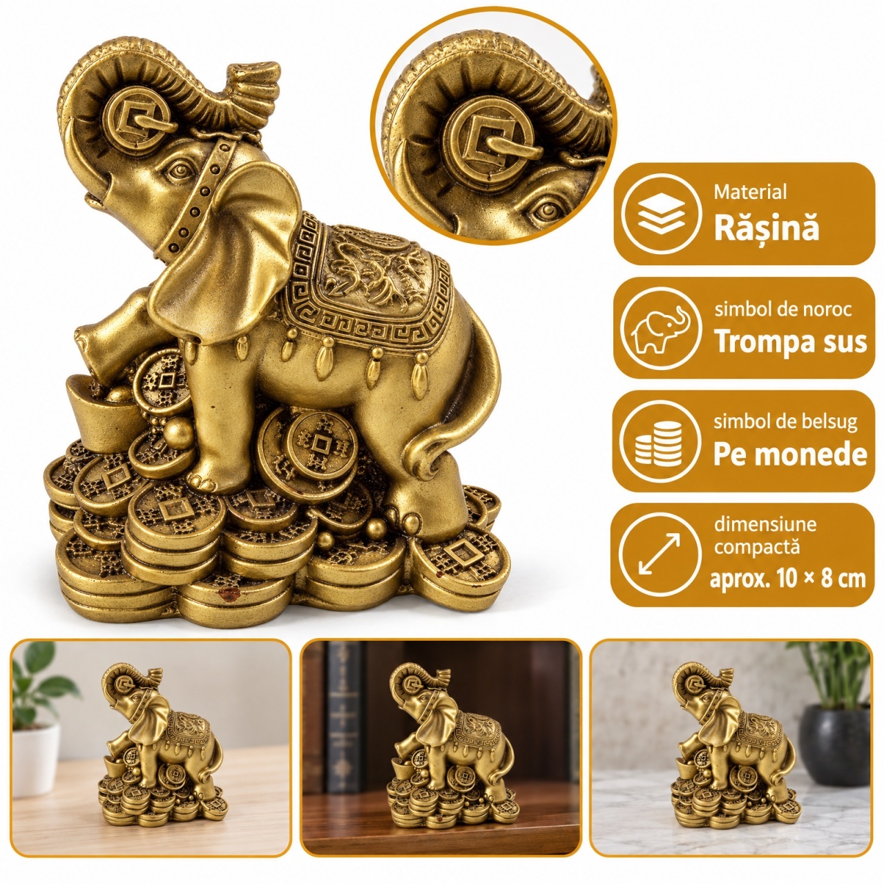 Statuetă elefant feng shui din rășină, auriu, cu trompa ridicată, pe monede, aprox. 10 × 8 cm