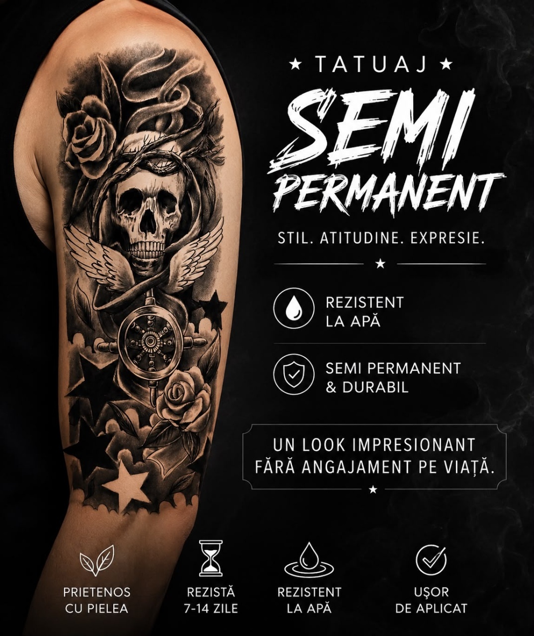 Tatuaj Semipermanent cu Craniu, Trandafiri și Simbol Nautic – 45 cm 2