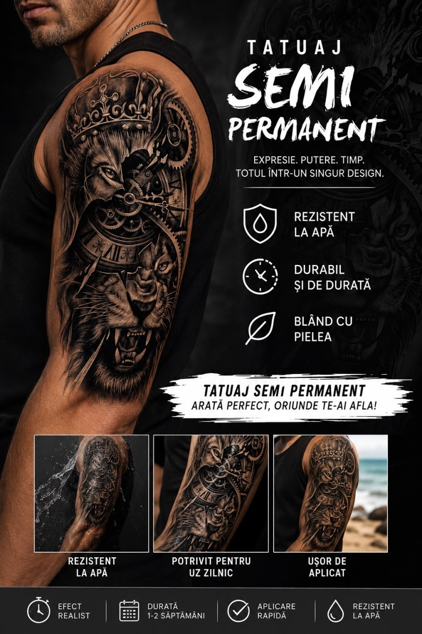 Tatuaj Semipermanent cu Vultur, Leu și Mecanism de Ceas – 45 cm 2