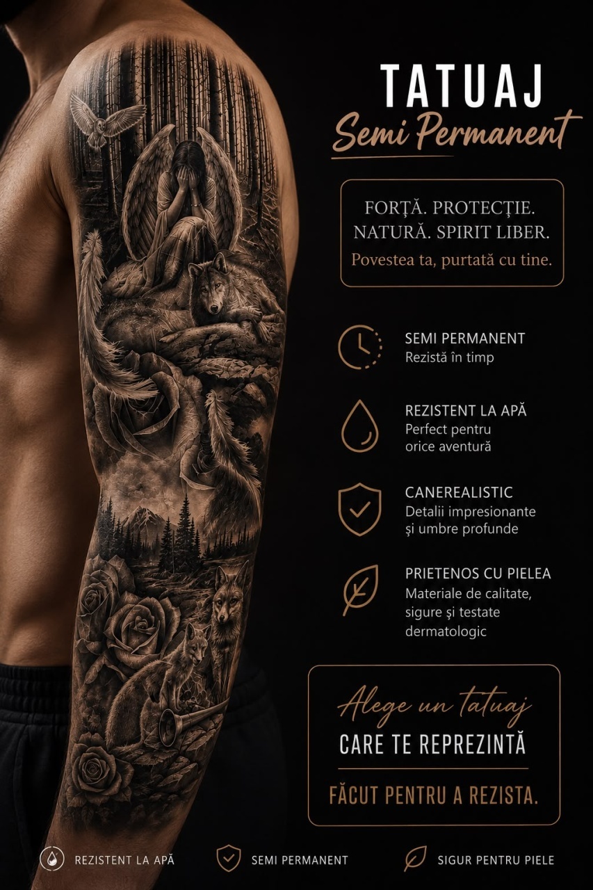 Tatuaj Semipermanent, Model Înger, Lup și Pădure, Realist – 45 cm 2