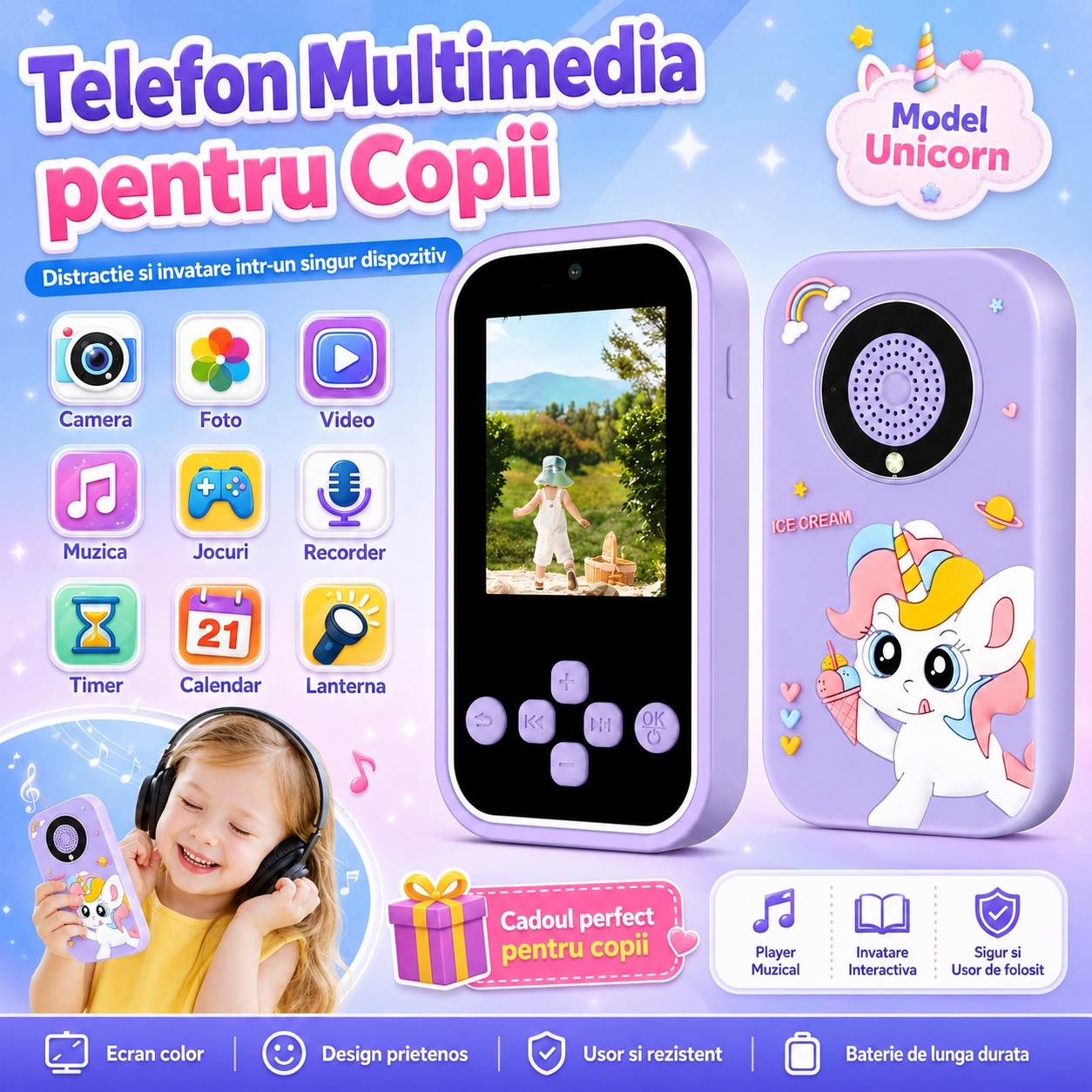 Telefon copii model unicorn mov cu camera jocuri muzica si ecran color 5