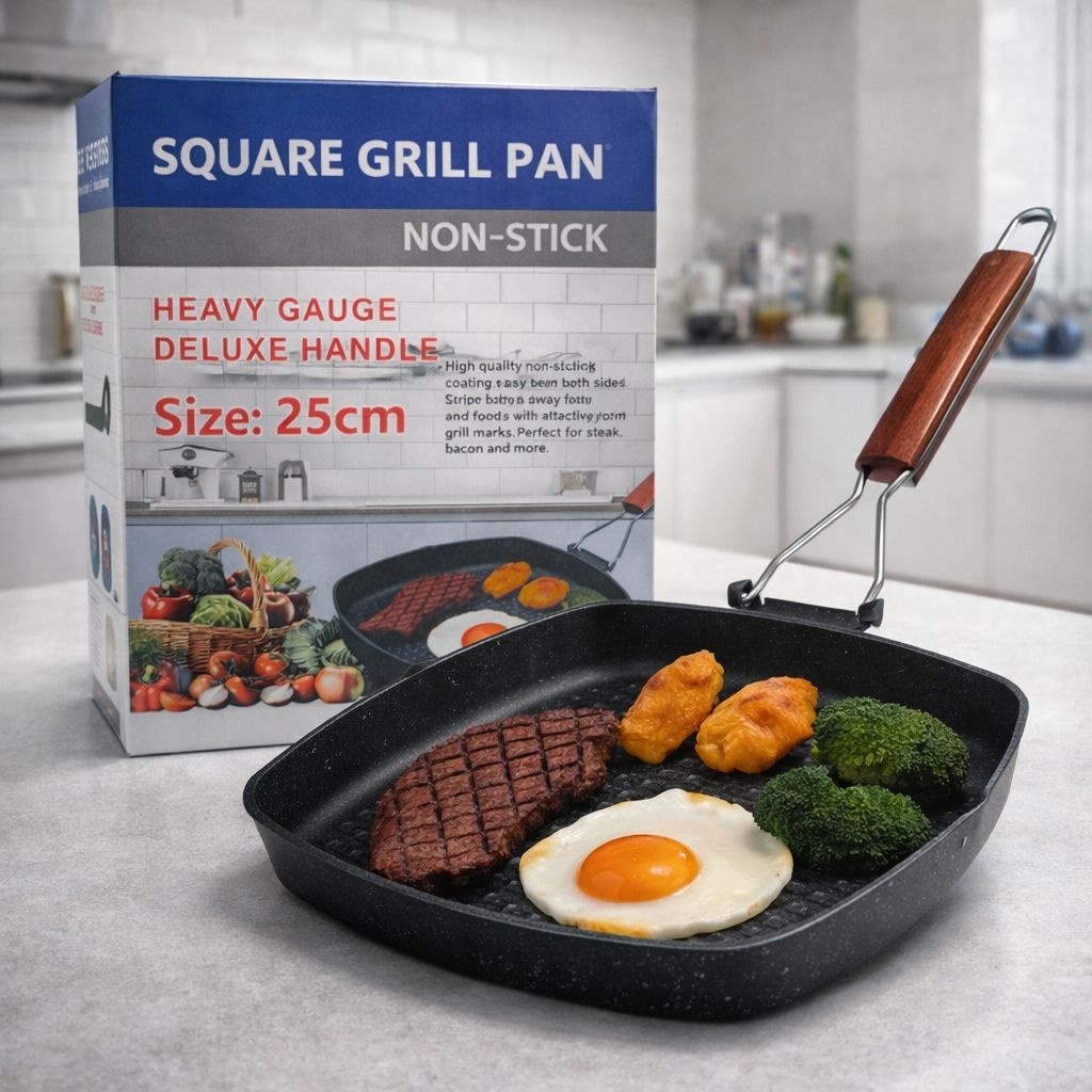 Tigaie grill patrata 25 cm cu strat antiaderent si maner din lemn