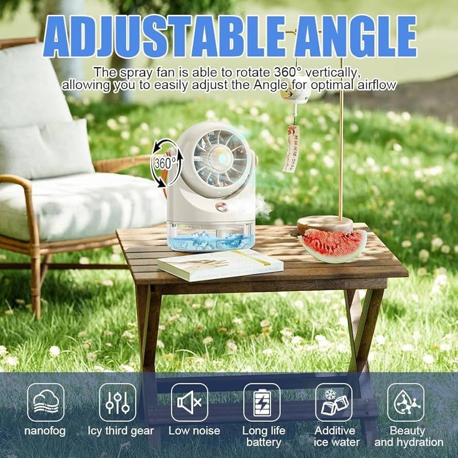 Ventilator portabil cu pulverizare apa si rezervor, 3 trepte viteza, lumina LED, USB, verde 3