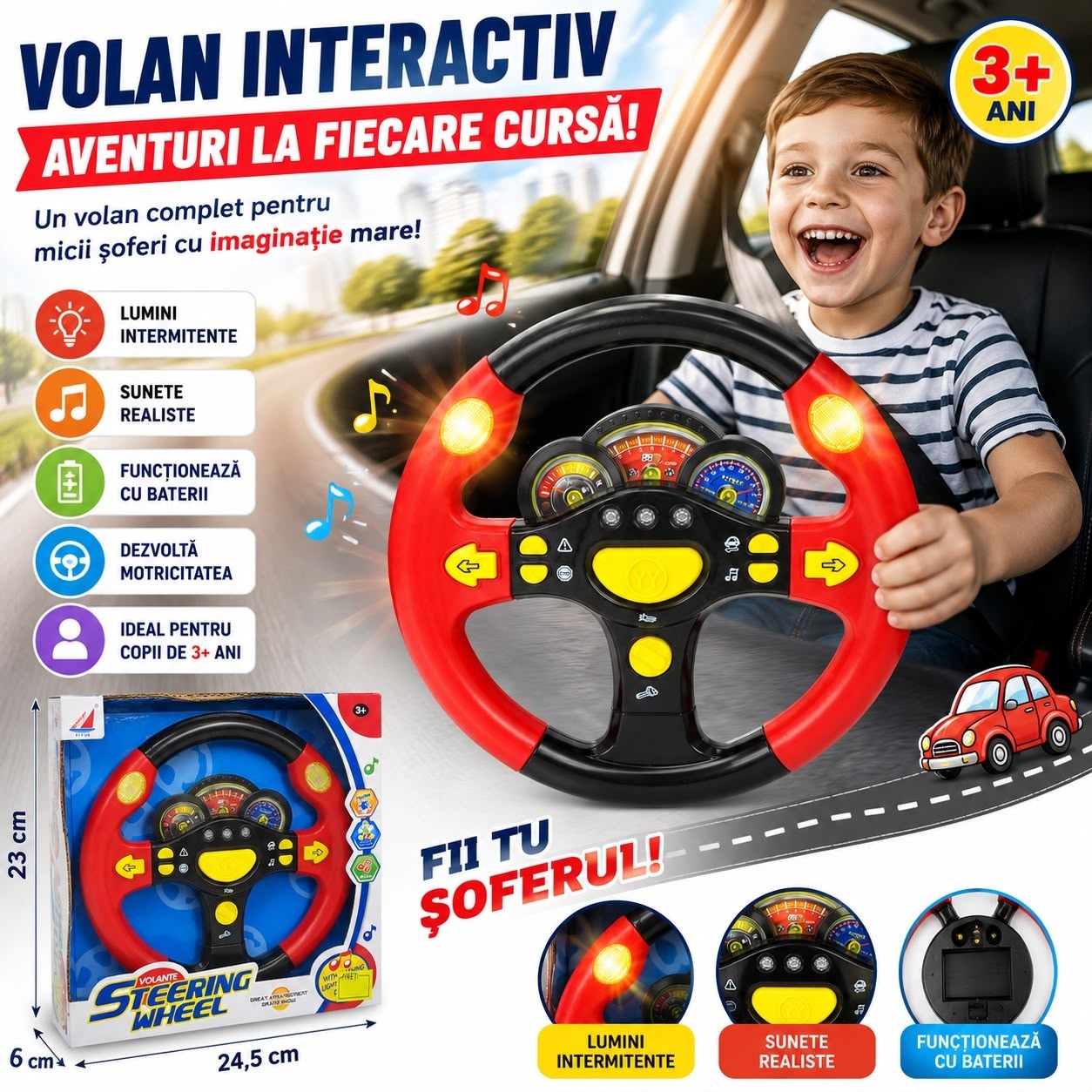 Volan Interactiv pentru Copii cu Lumini și Sunete, Funcționează cu Baterii, 3+ Ani – Jucărie Educativă 2