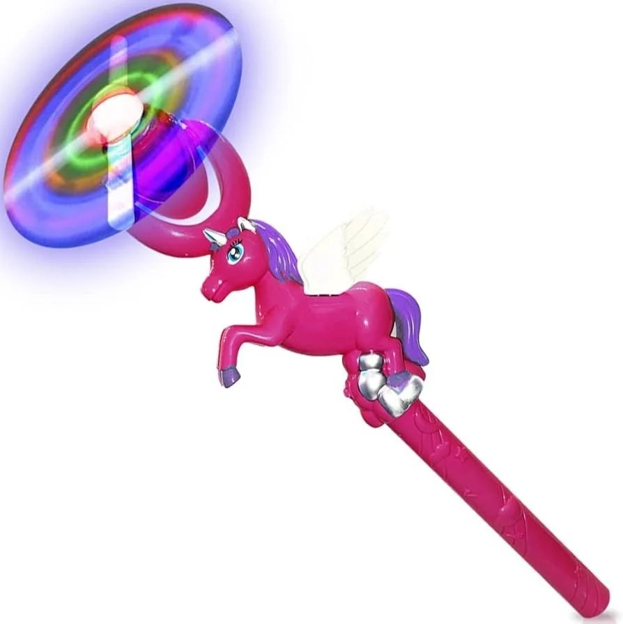 Bagheta cu elice rotativa, lumini LED si sunete, figurina unicorn roz 35 cm