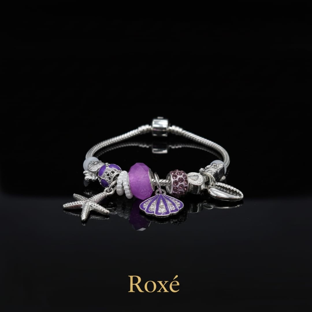 Bratara dama ROXE argintie cu charmuri marine si pandantive elegante, model chic 5