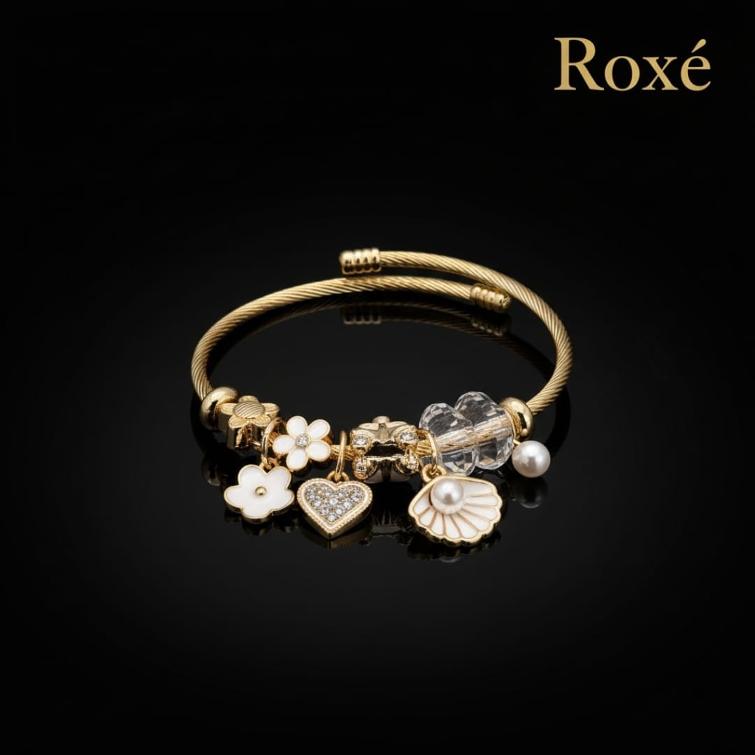 Bratara dama ROXE aurie cu charmuri flori si scoica, model elegant cu cristale 4