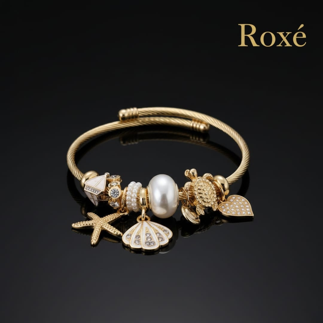 Bratara dama ROXE aurie cu charmuri scoica stea de mare si inimioara eleganta 4