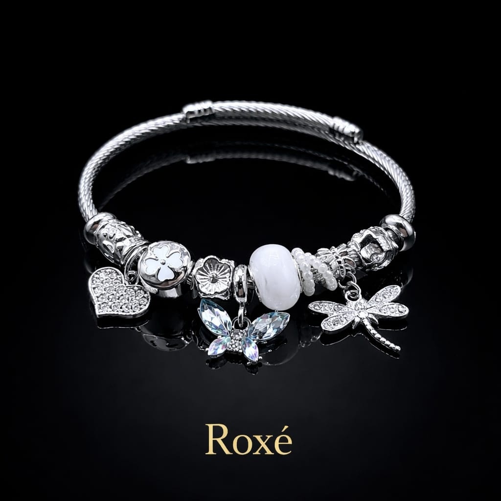 Bratara ROXE argintie cu fluture libelula si inimioara charmuri elegante 5