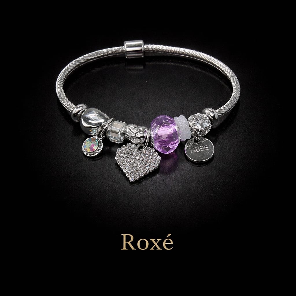 Bratara ROXE argintie cu inima si piatra accent charmuri elegante dama 5