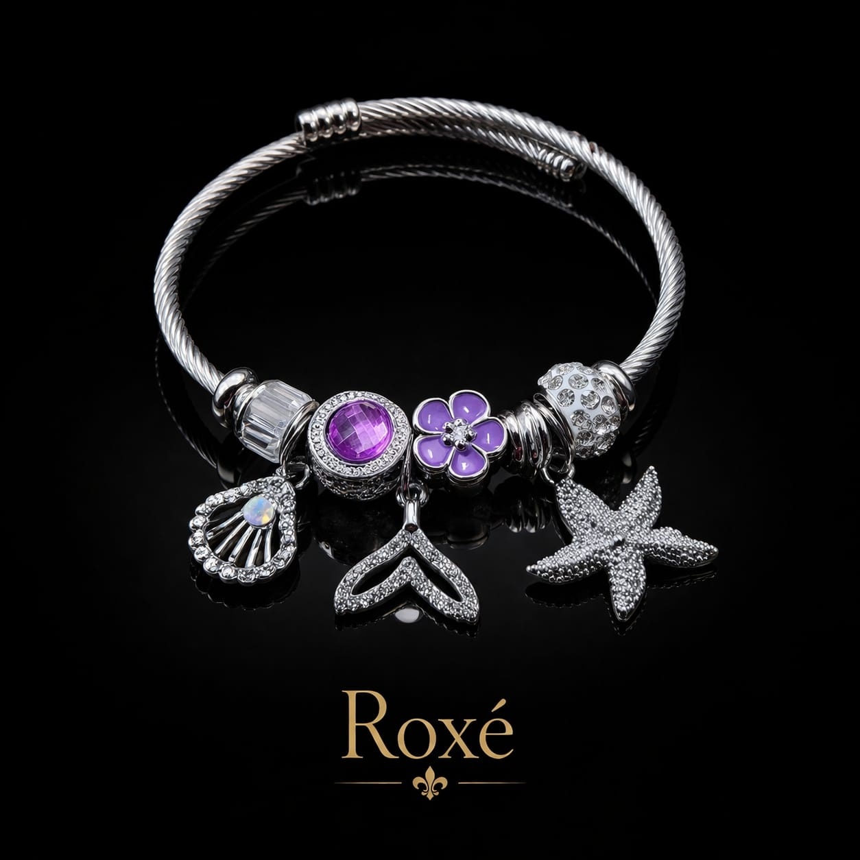 Bratara ROXE argintie cu scoica coada de sirena si stea de mare charmuri 5