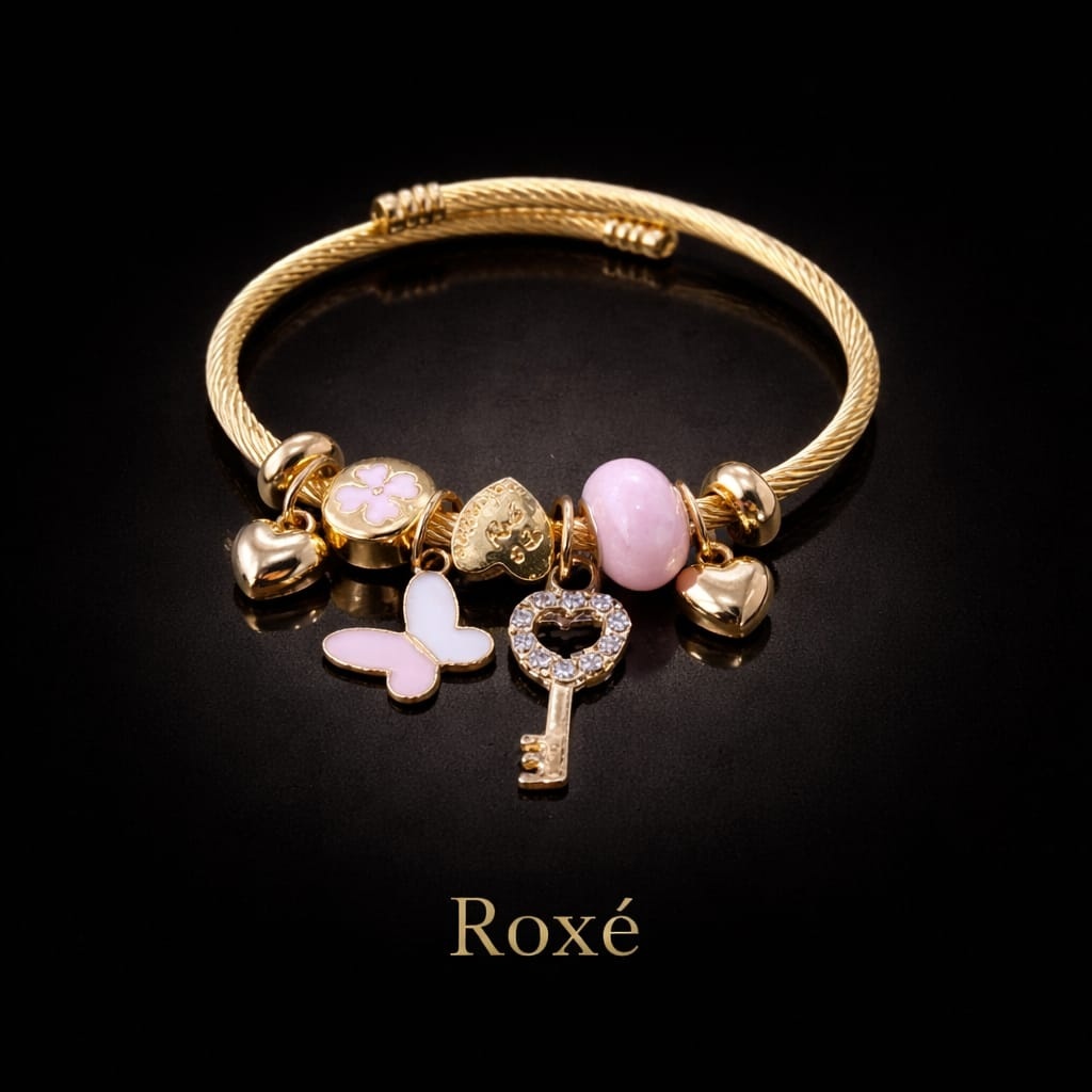 Bratara ROXE aurie cu fluturi cheita si charmuri elegante culori mixte 4