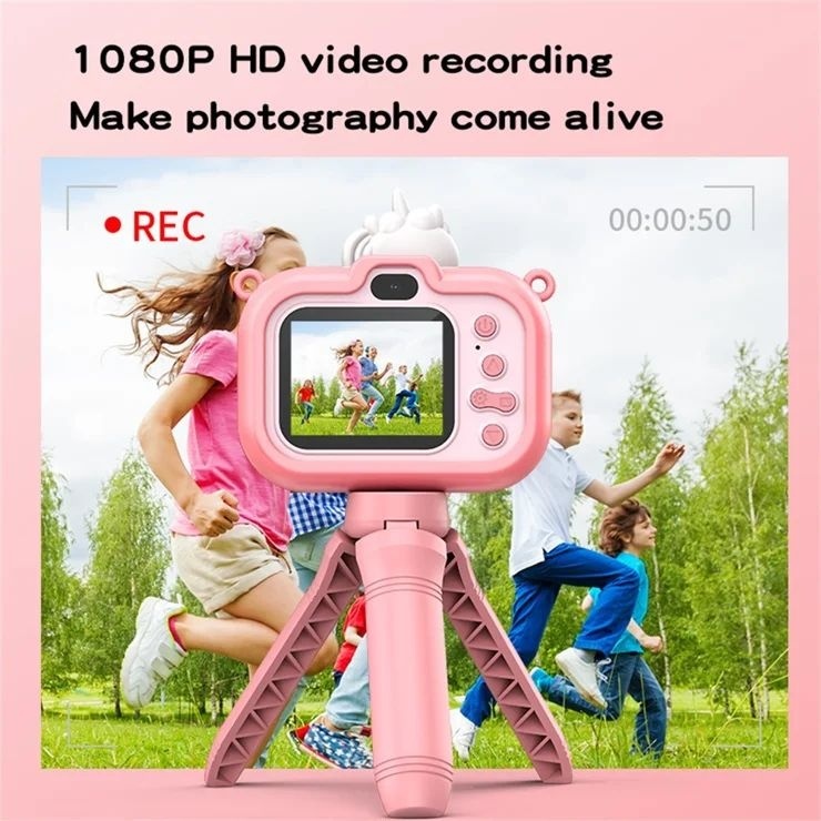 Camera foto copii unicorn roz cu trepied HD video 1080p dual camera