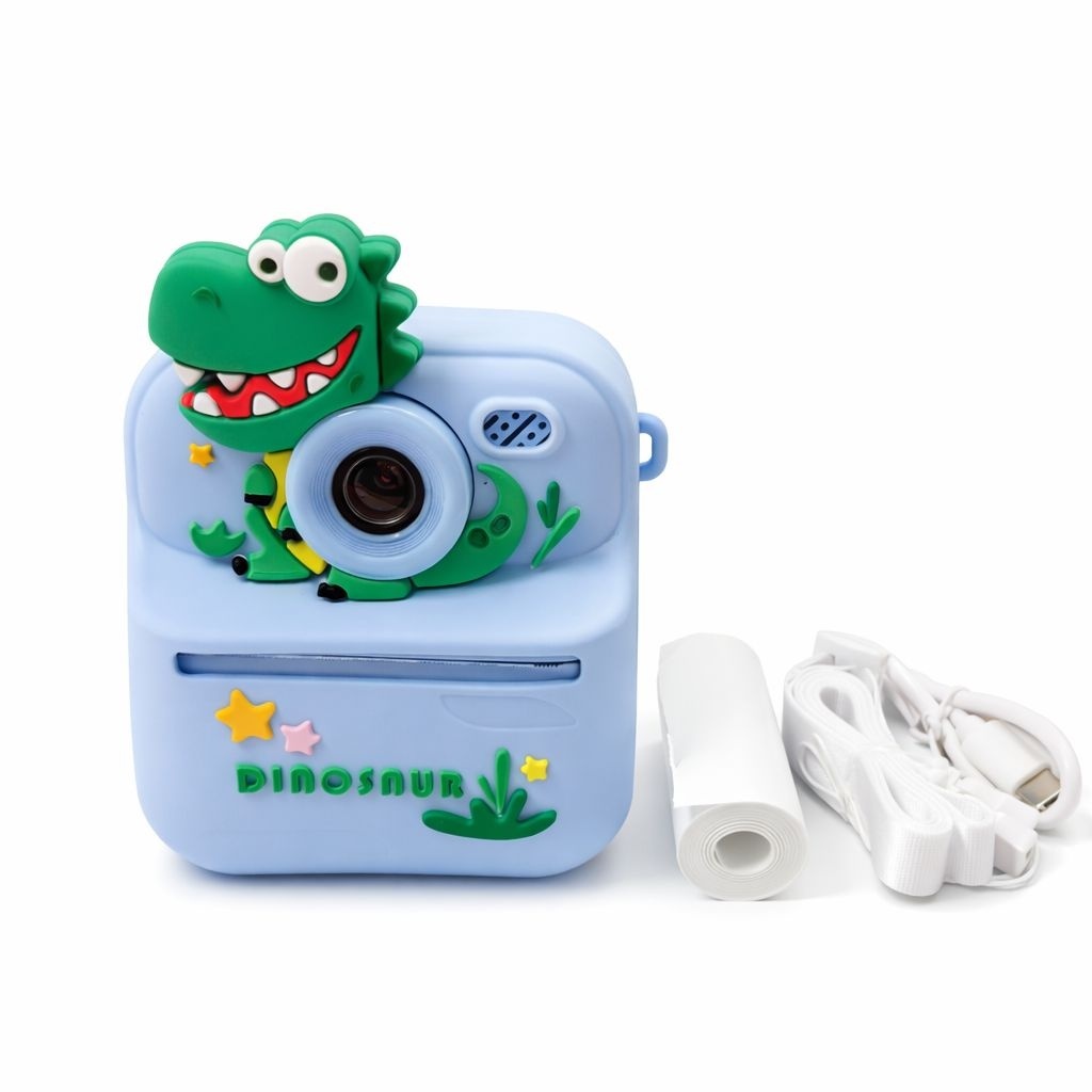 Cameră foto instant pentru copii cu imprimare, model dinozaur, cu hârtie foto, albastru 3