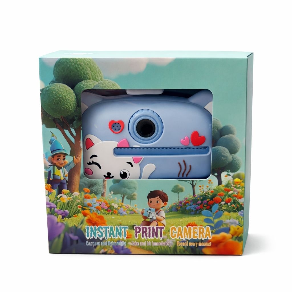 Cameră foto instant pentru copii cu imprimare, model pisică, albastră 2