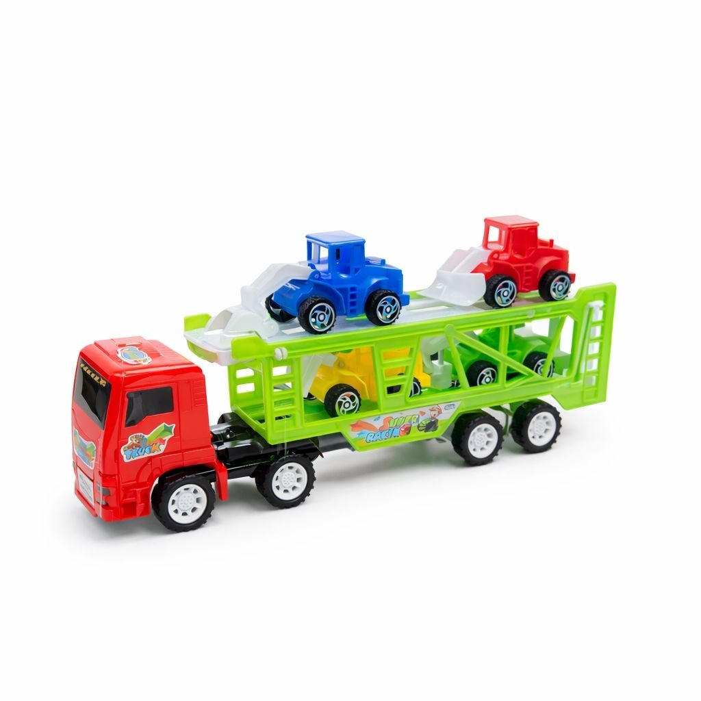 Camion rosu transport masini cu utilaje colorate, jucarie platforma copii 30 cm 2