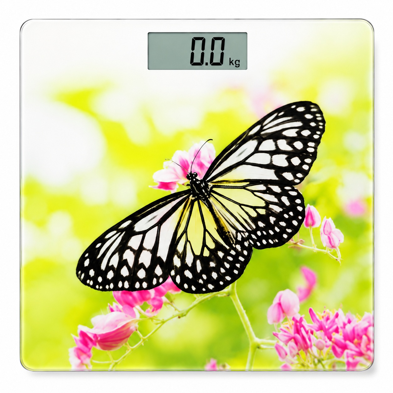 Cantar corporal digital cu display LED, sticla securizata, model fluture si flori 3