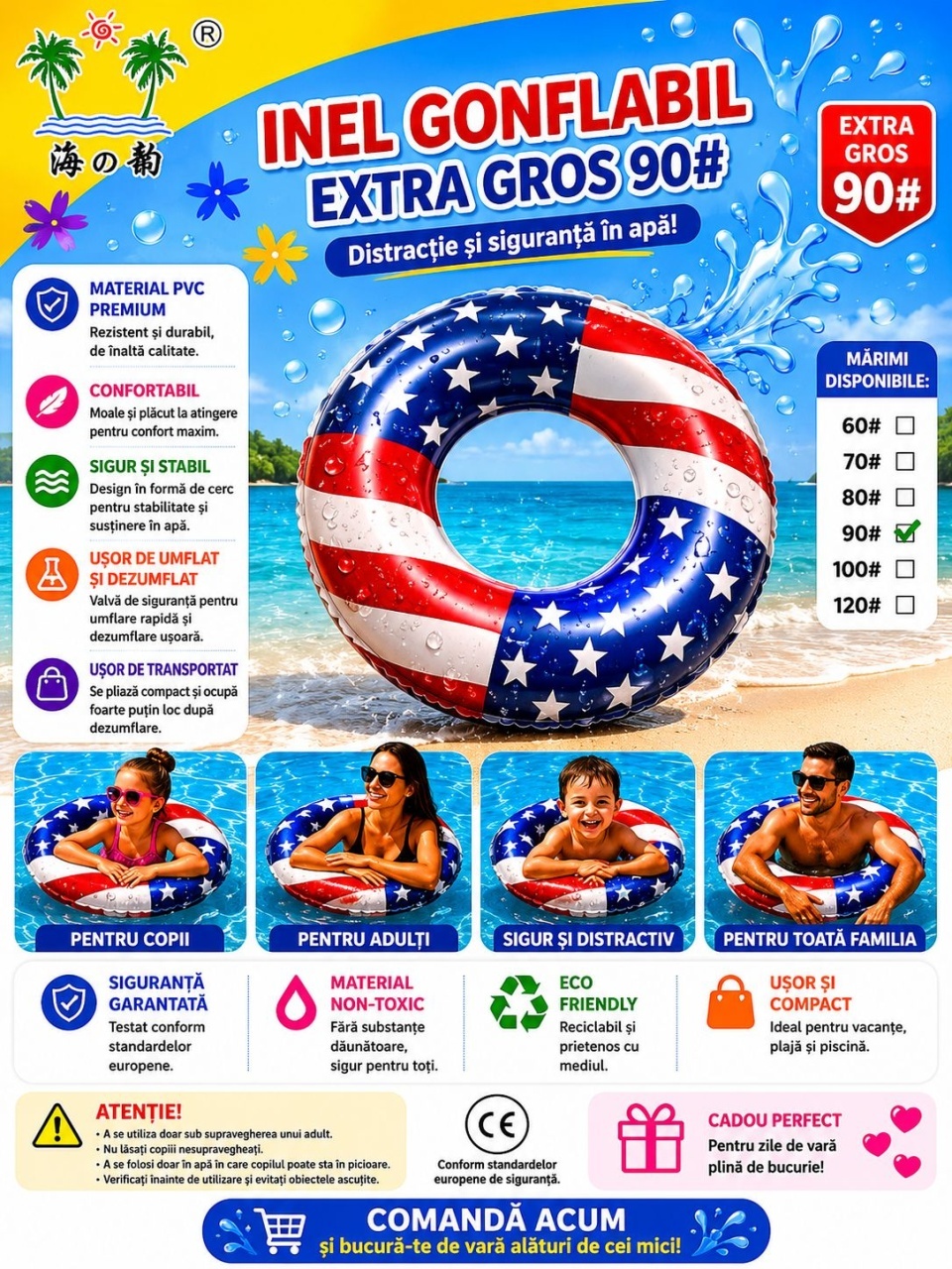Colac Gonflabil 90 cm Model Steag – Colac Gonflabil Extra Gros pentru Piscină și Plajă 2