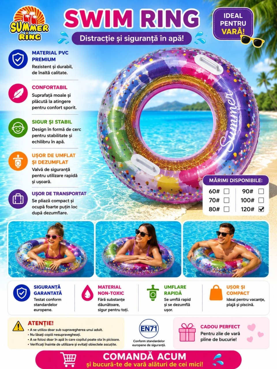Colac Gonflabil Multicolor 120 cm – Colac de Înot pentru Piscină și Plajă 2