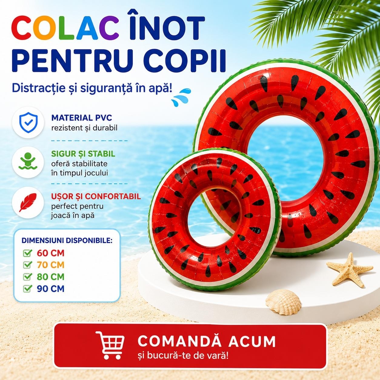 Colac Gonflabil pentru Copii Pepene Roșu 70 cm – Colac Înot PVC Rezistent pentru Piscină și Mare 2