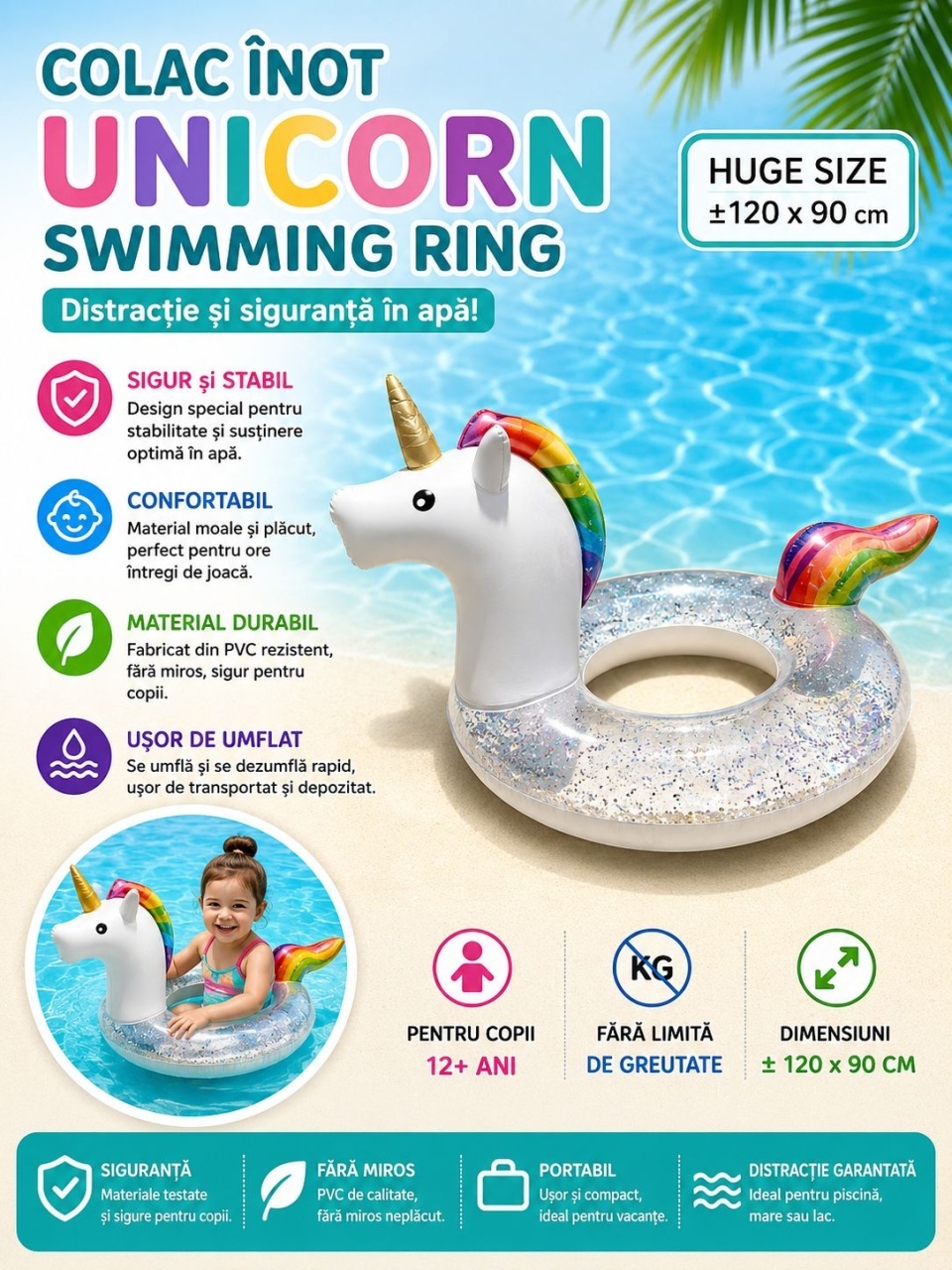 Colac Gonflabil Unicorn cu Sclipici – 120x90 cm, Model XL pentru Piscină și Mare 2