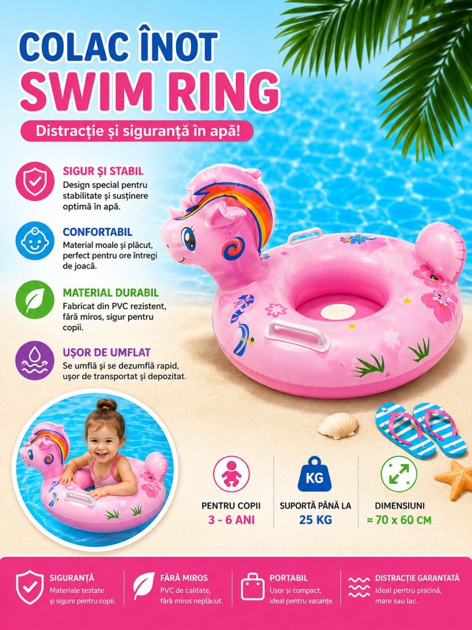 Colac Gonflabil Unicorn Roz pentru Copii – Swim Ring 70x60 cm cu Mânere și Design Adorabil 2