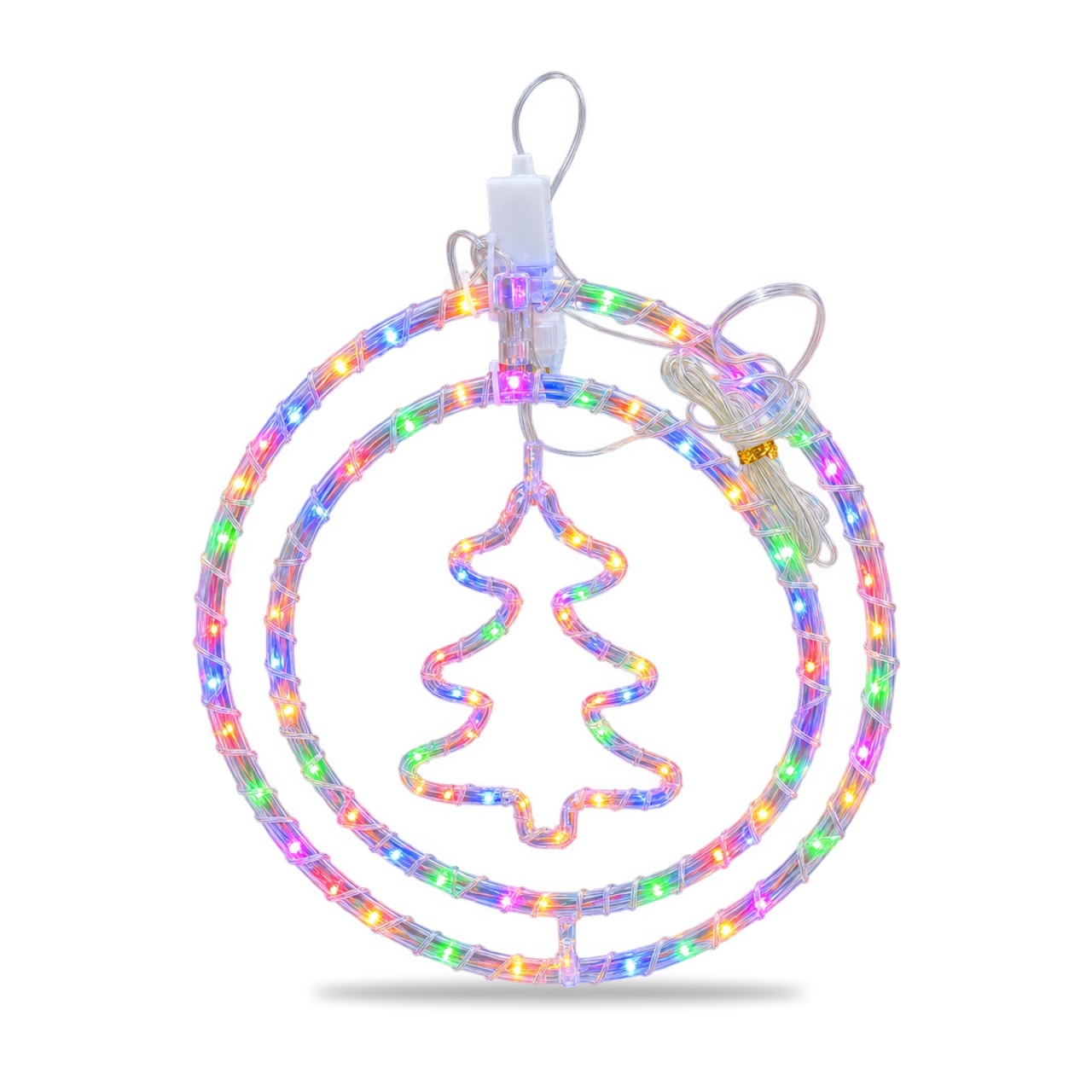 Decoratiune luminoasa de Craciun, model bradut cu cercuri LED, multicolor, priza 220V, 34x33cm