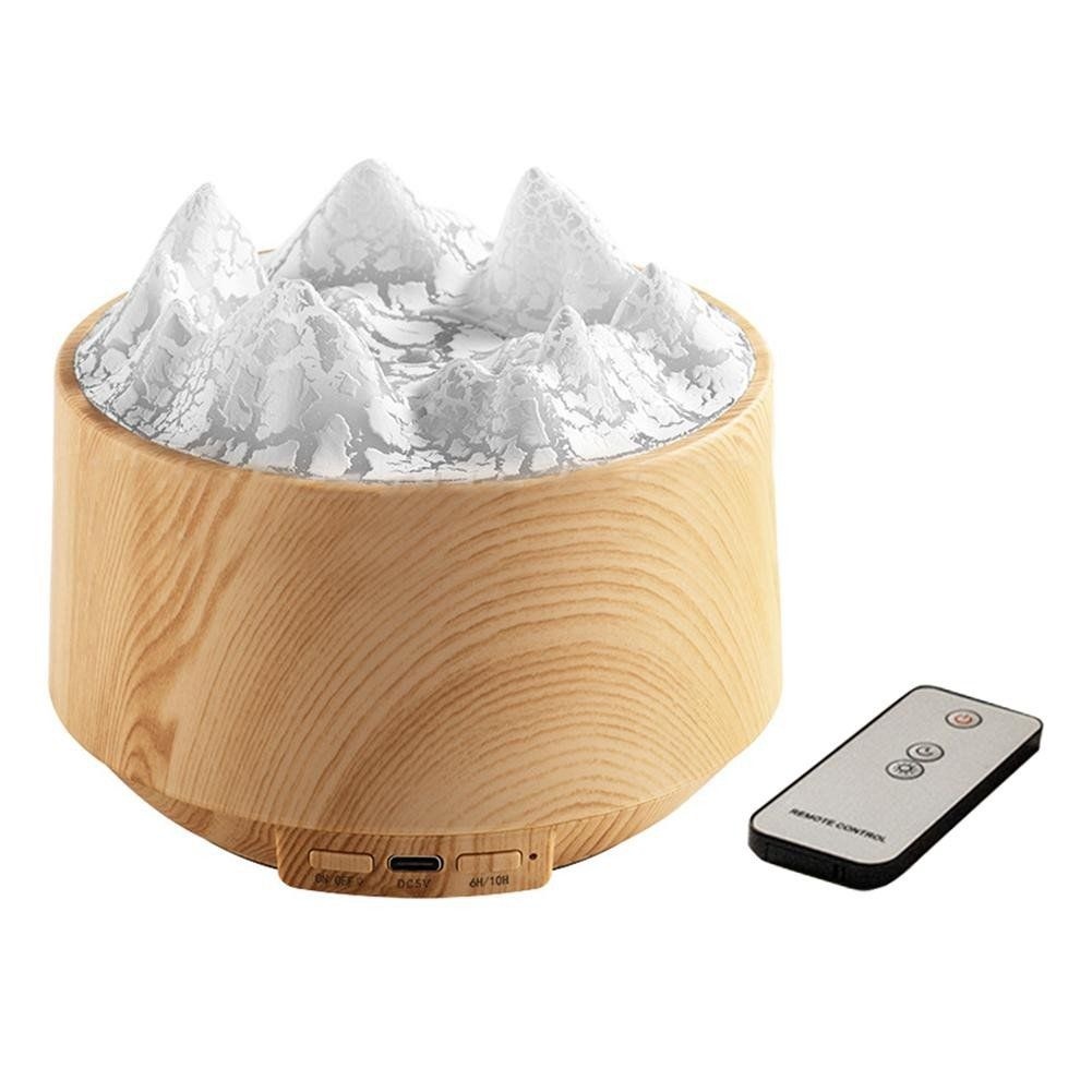 Difuzor Aromaterapie cu Efect Flacara Munte, Umidificator LED 300ml cu Telecomanda, Lemn Deschis 4