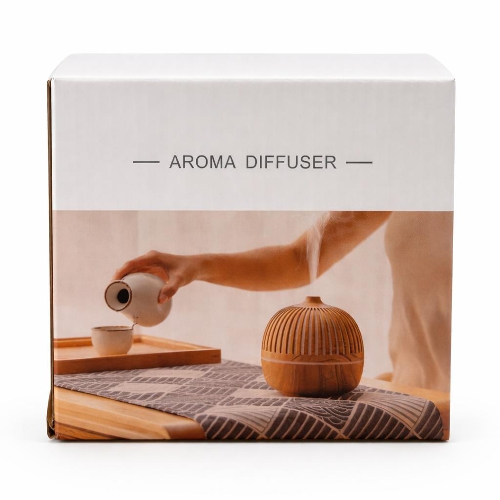 Difuzor aromaterapie cu ultrasunete, umidificator aer cu iluminare LED, design lemn, Wenge 3
