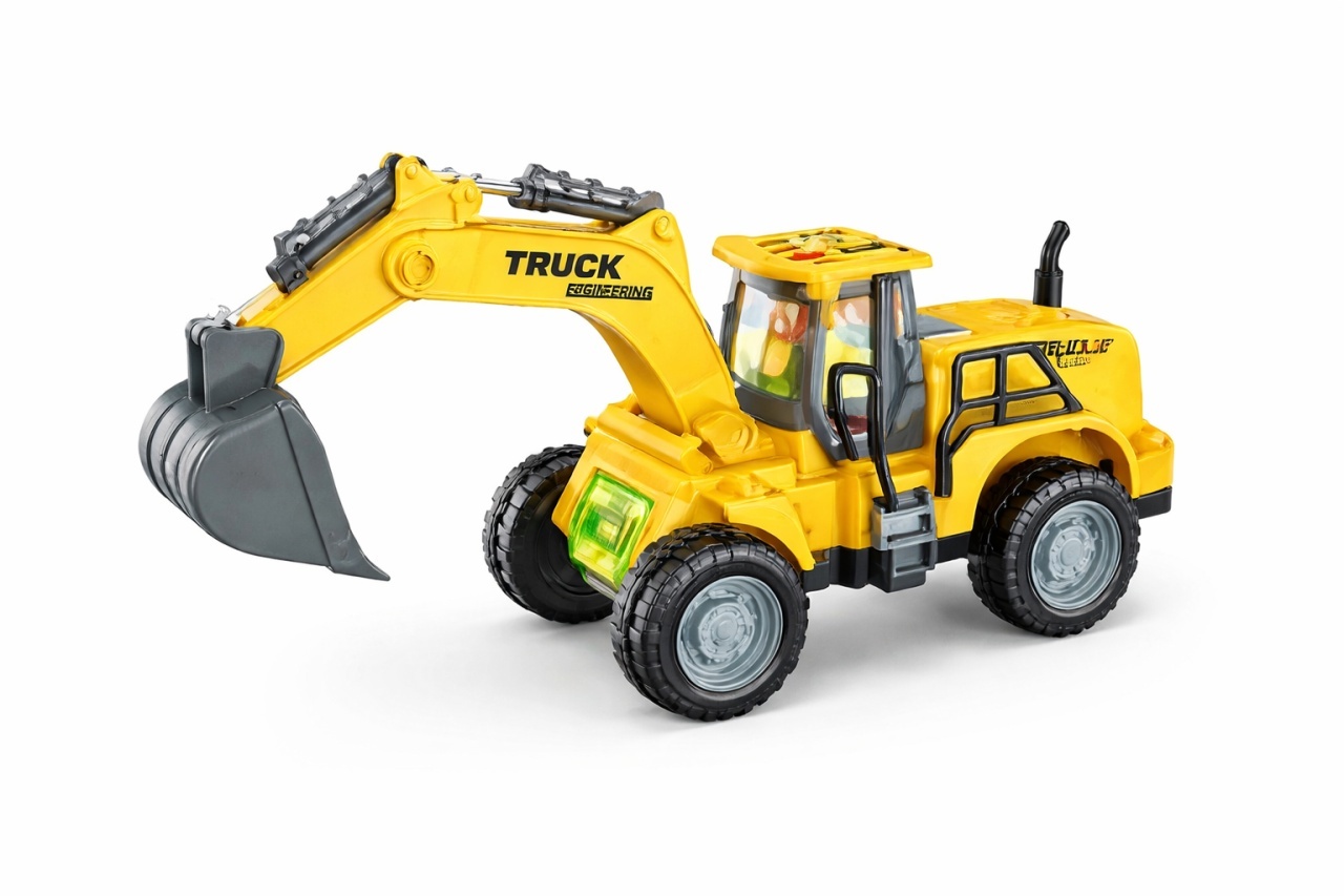 Excavator jucarie galben cu cupa, lumini si functii interactive, 25 cm
