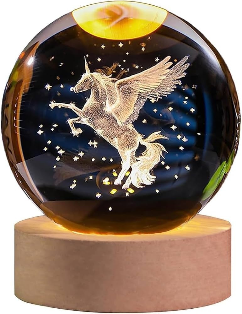 Glob Cristal 3D Unicorn cu Aripi, Baza Lemn si Iluminare LED, Decor Magic, 6 cm 2