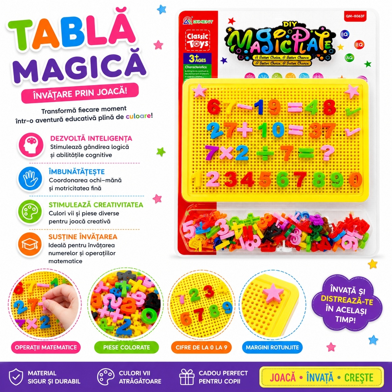 Joc Educativ pentru Copii cu Cifre și Tablă cu Pioni Galbenă – Set Interactiv de Matematică 2