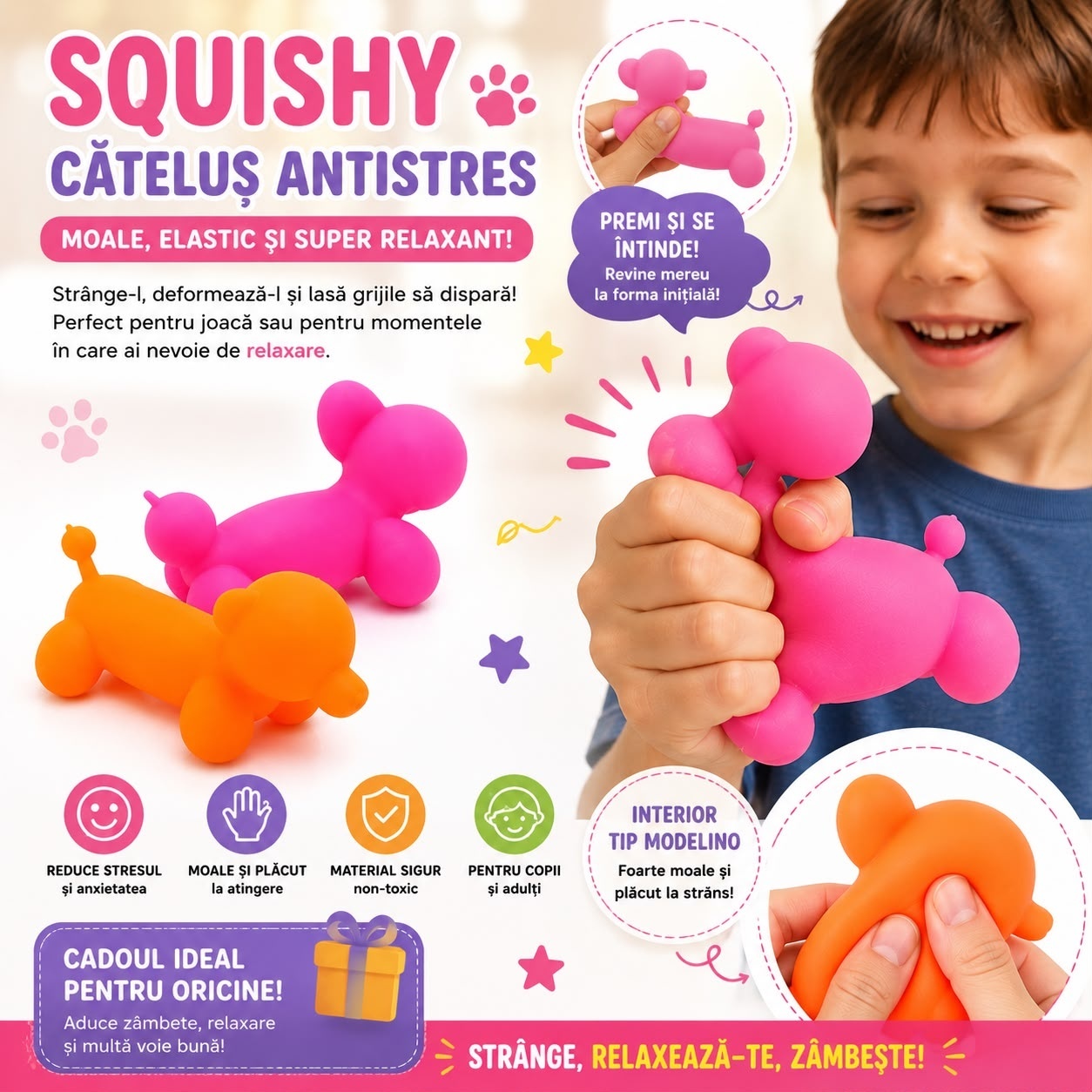 Jucărie Antistres Squishy Cățeluș Tip Modelino, Elastică, Culoare Aleatorie, 3+ Ani 2