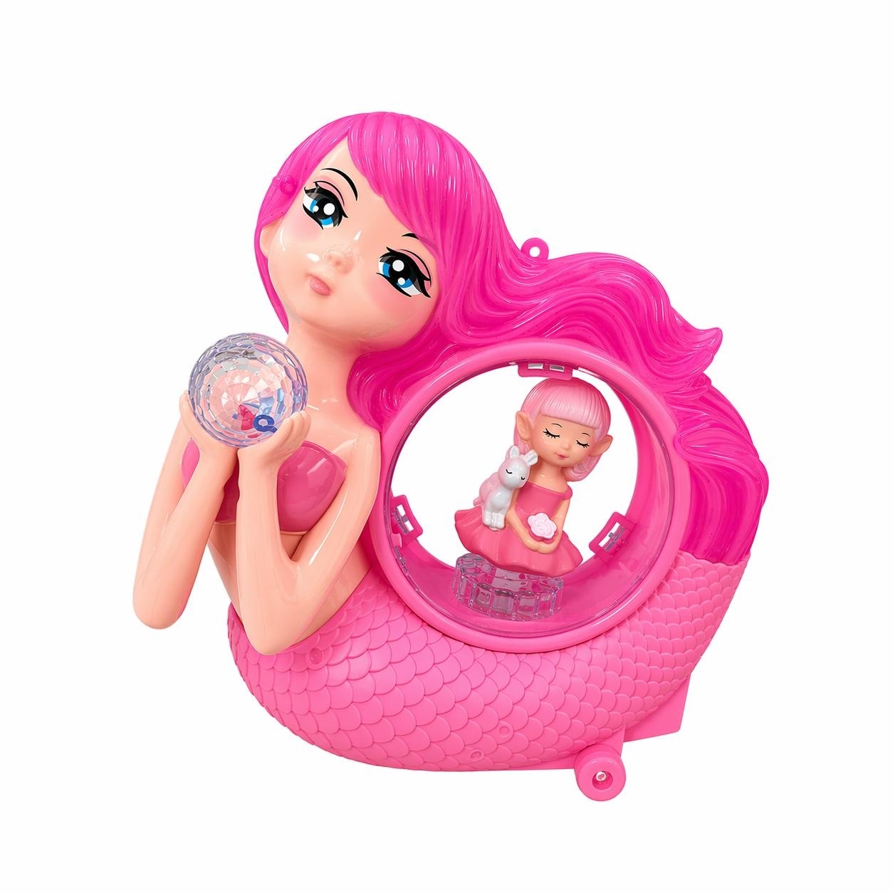 Jucarie interactiva sirena roz cu lumini si sunete, minge cristal rotativa 360°, 20 cm 2