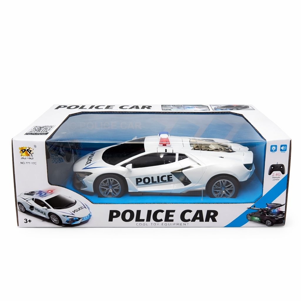 Masina politie RC alba cu usi si capota deschidere, lumini sunet, 2.4GHz, acumulator 2