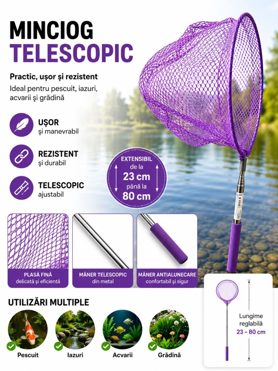 Minciog Telescopic Extensibil Mov 23–80 cm – pentru Pescuit, Acvariu și Iazuri 2