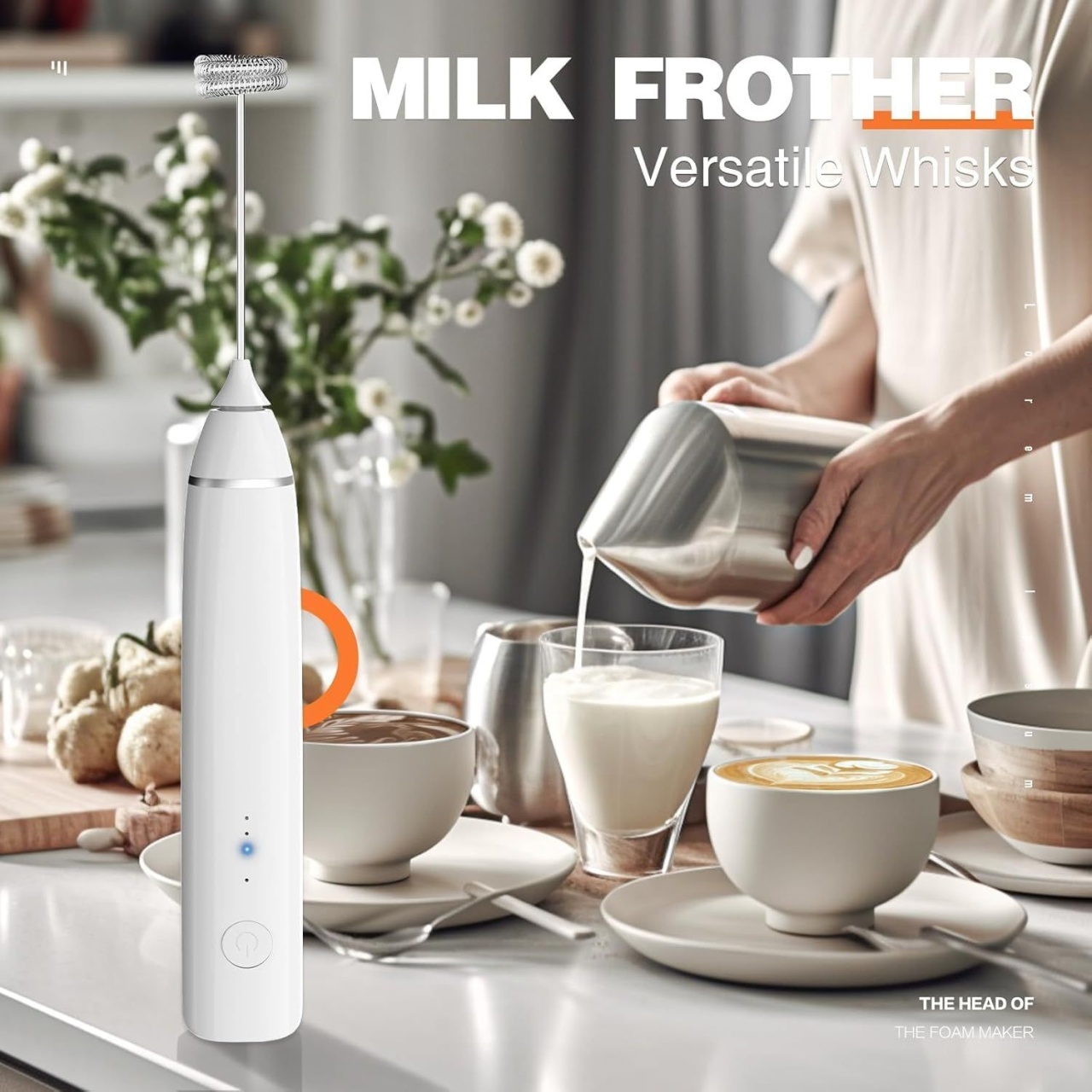 Mixer electric pentru cafea si spuma de lapte, reincarcabil USB, 3 viteze, 7500 RPM, alb 4