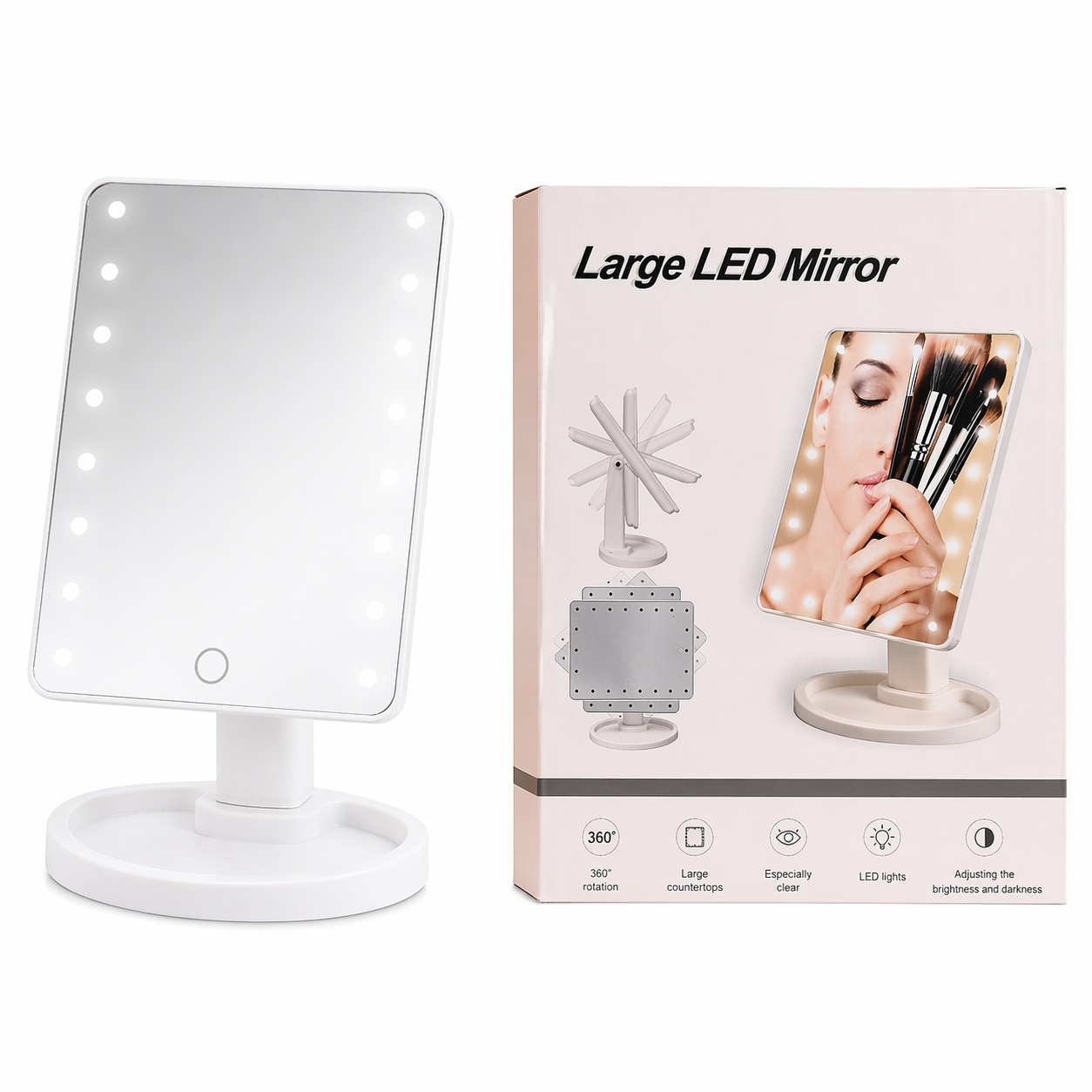 Oglindă cosmetică LED mare, rotire 360°, lumină reglabilă, suport stabil