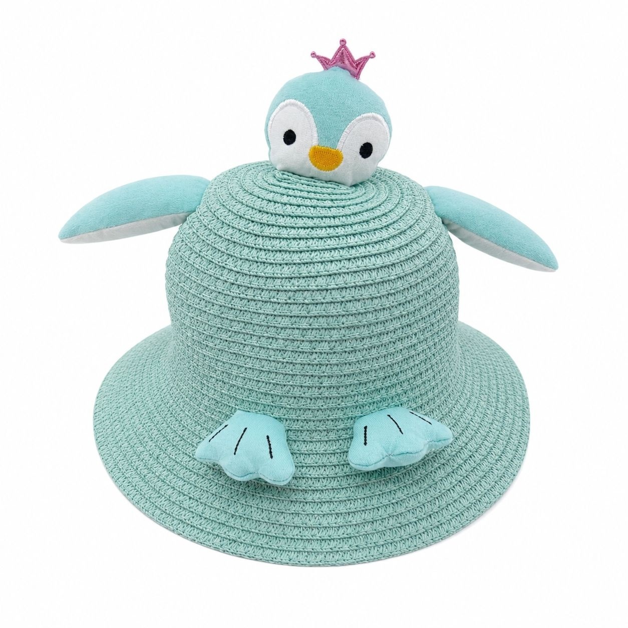 Palarie copii cu pinguin bleu si coroana decorativa, crosetata manual